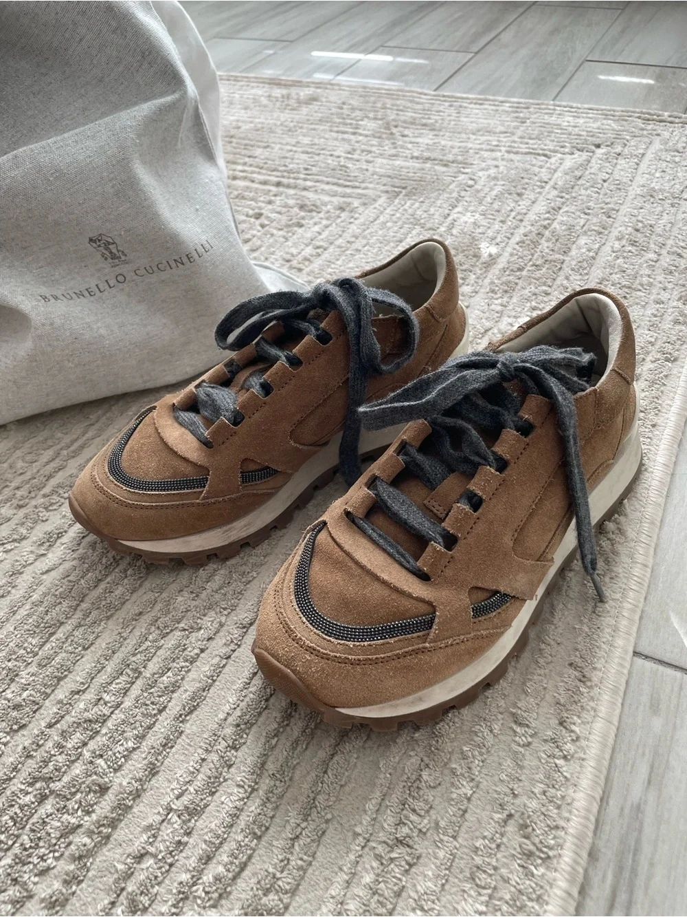 Brunello Cucinelli - Suede runners with Monili Copper Low Top Sneakers